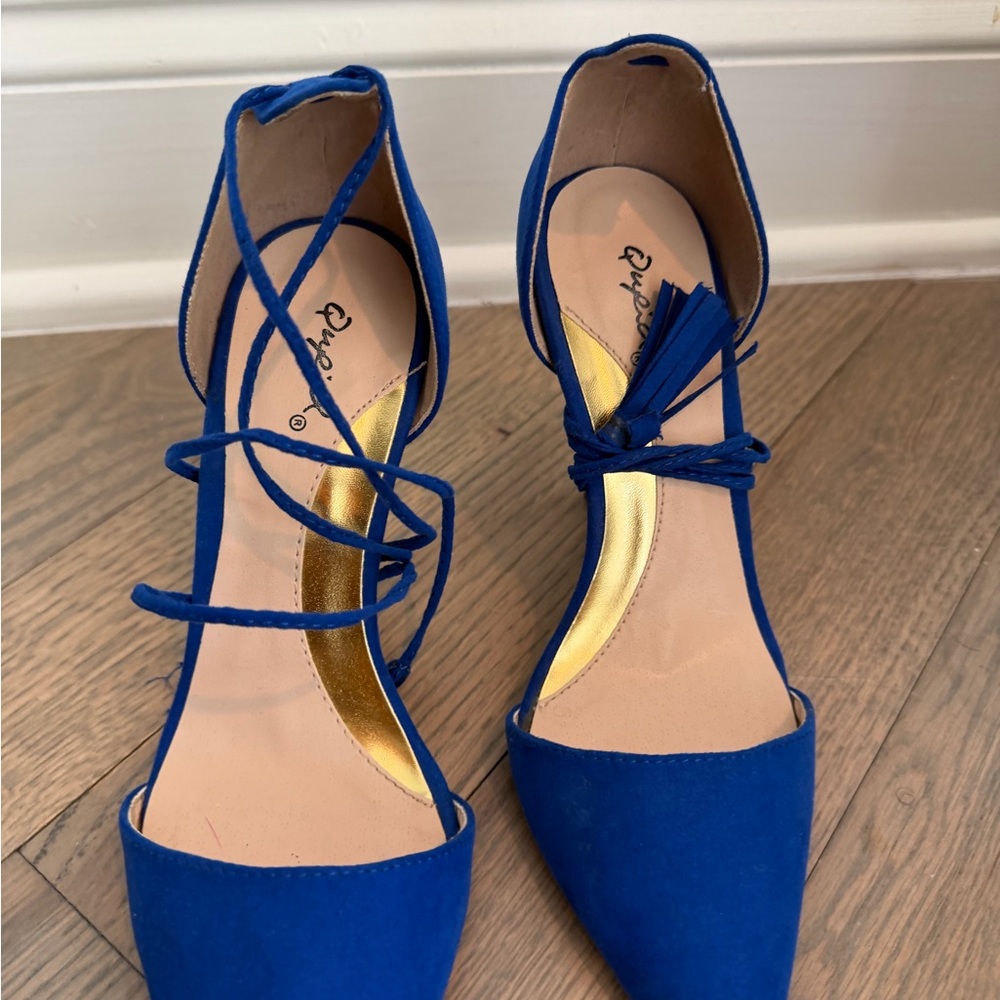 Qupid Royal Blue Lace-Up Pointed Toe Heels